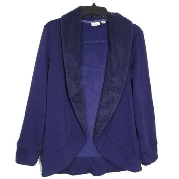 L.L. BEAN SHERPA TRIM BLUE LONG SLEEVE OPEN CARDIGAN WITH POCKETS XS‎ COZY - Picture 1 of 11